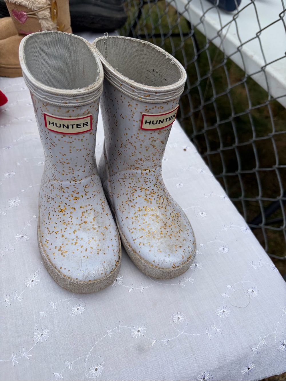 Hunter Kids White Rain Boots with Gold Glitter Speckles